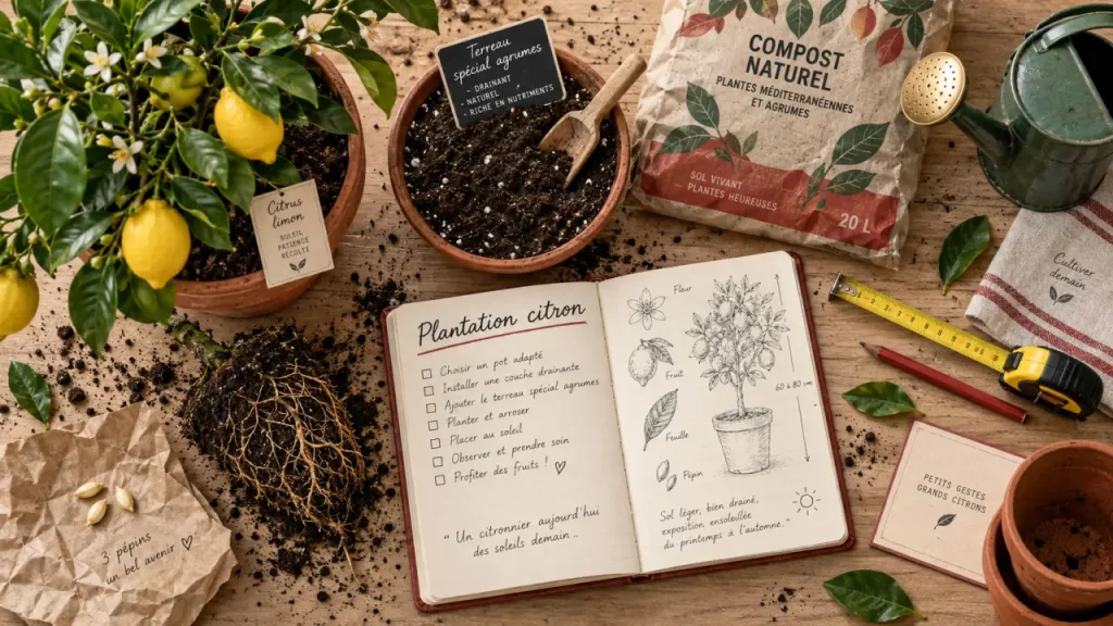 Planter citron : pépin et citronnier en petit pot en terre cuite