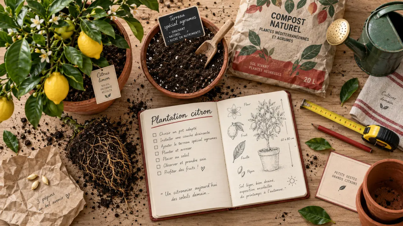 Planter citron : pépin et citronnier en petit pot en terre cuite