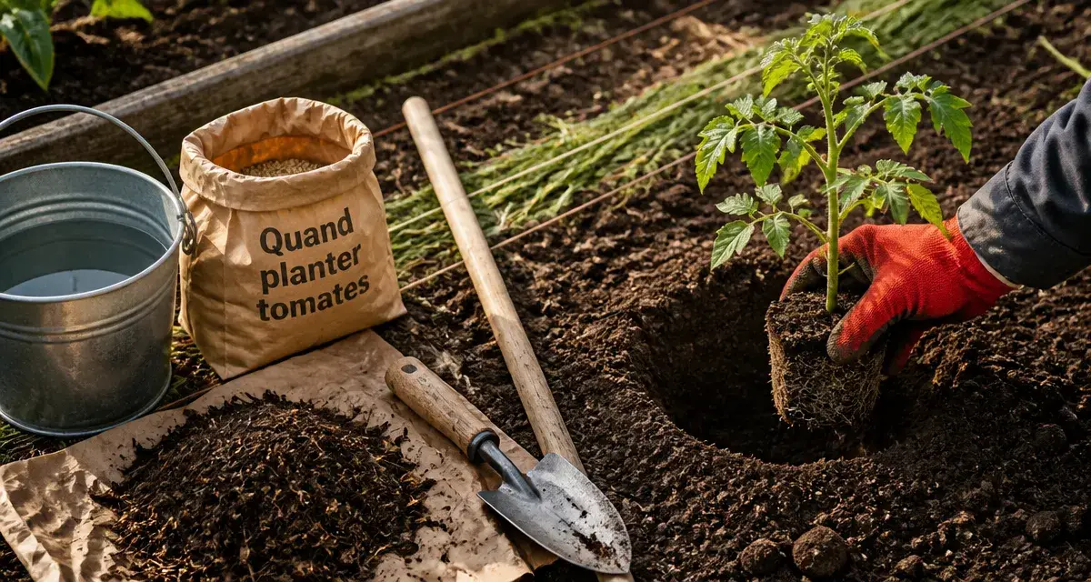 Planter les tomates quand : main plante un jeune pied, tuteur et compost