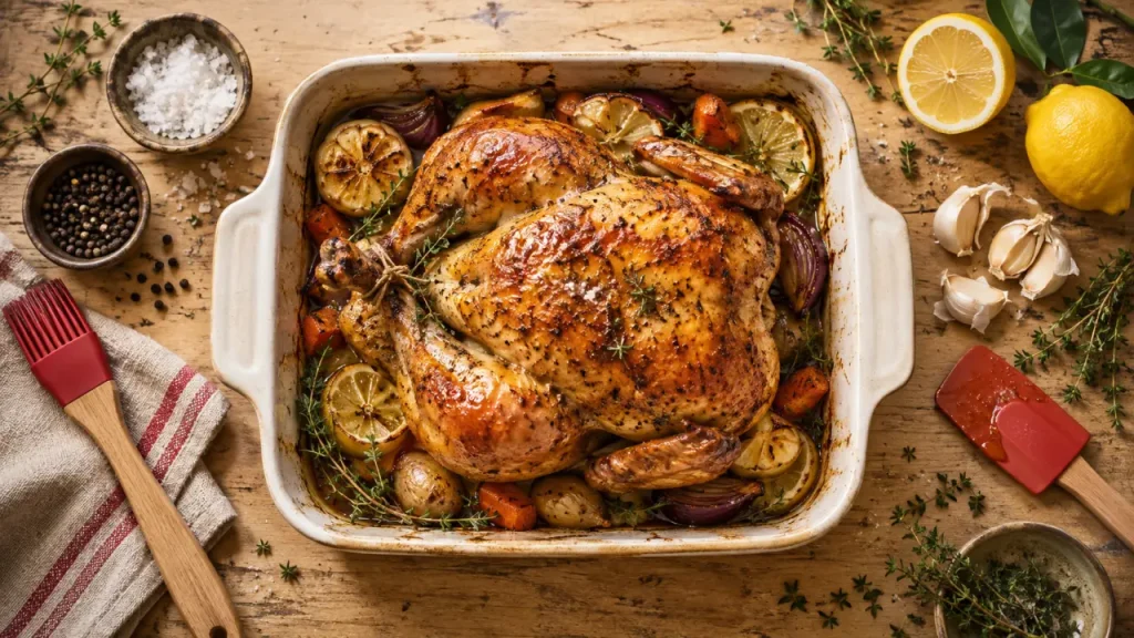 Poulet rotisserie doré, peau croustillante au four à 210°C