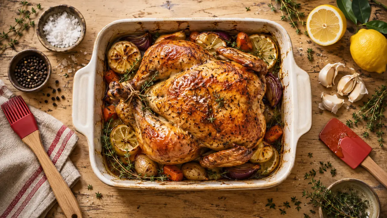 Poulet rotisserie doré, peau croustillante au four à 210°C