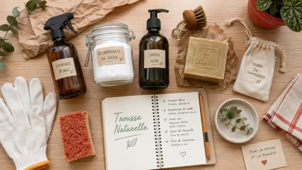 Produit entretien maison naturel : vinaigre blanc, savon noir et bicarbonate sur une table