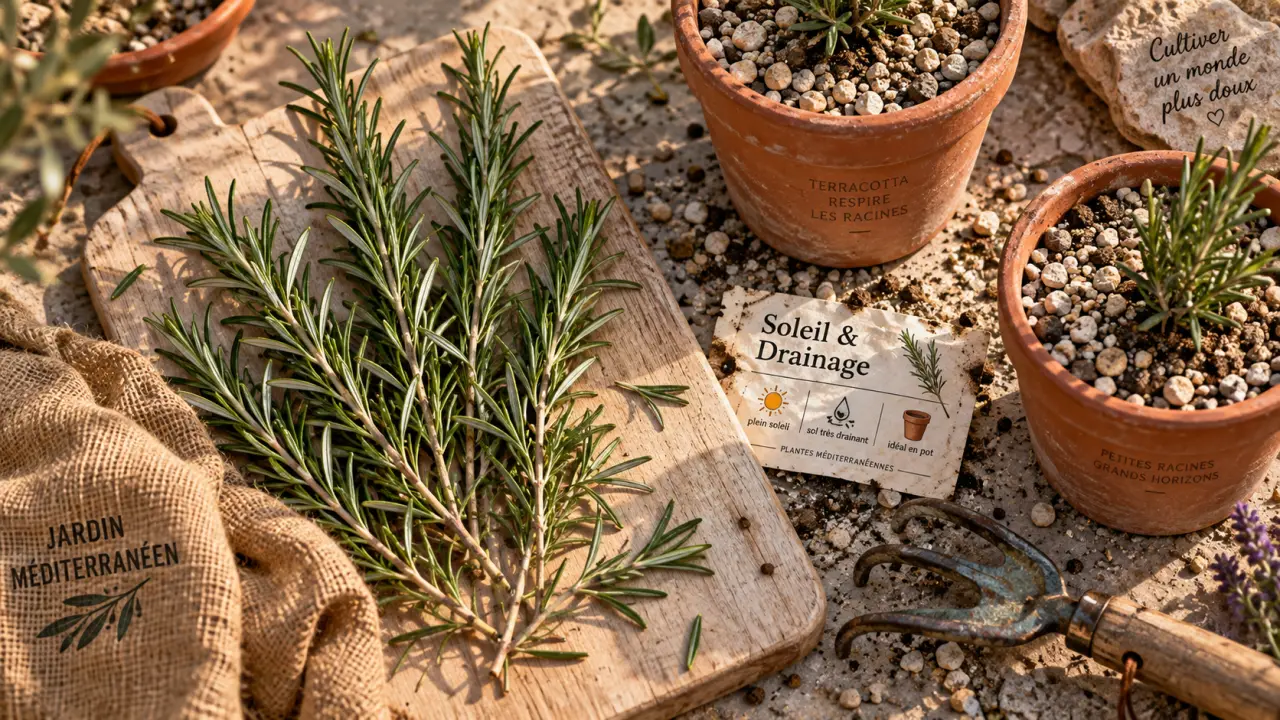 Romarin jardin sur sol humide : tiges fraîches et terre cuite drainante