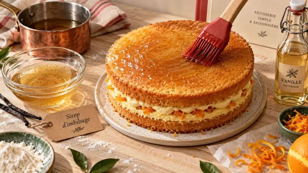 Sirop pour gateau, dosage d’imbibage avec pinceau sur génoise moelleuse