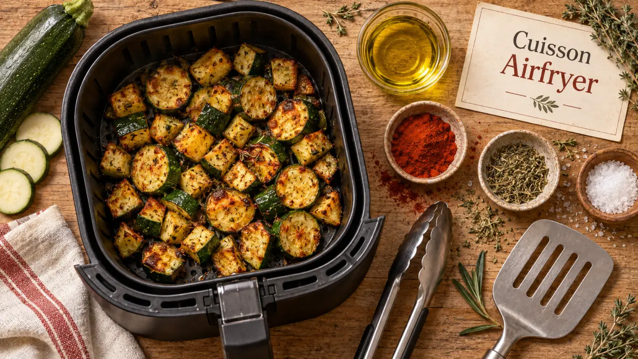 Temps cuisson courgette airfryer : 8 à 15 min, courgettes dorées au cœur fondant