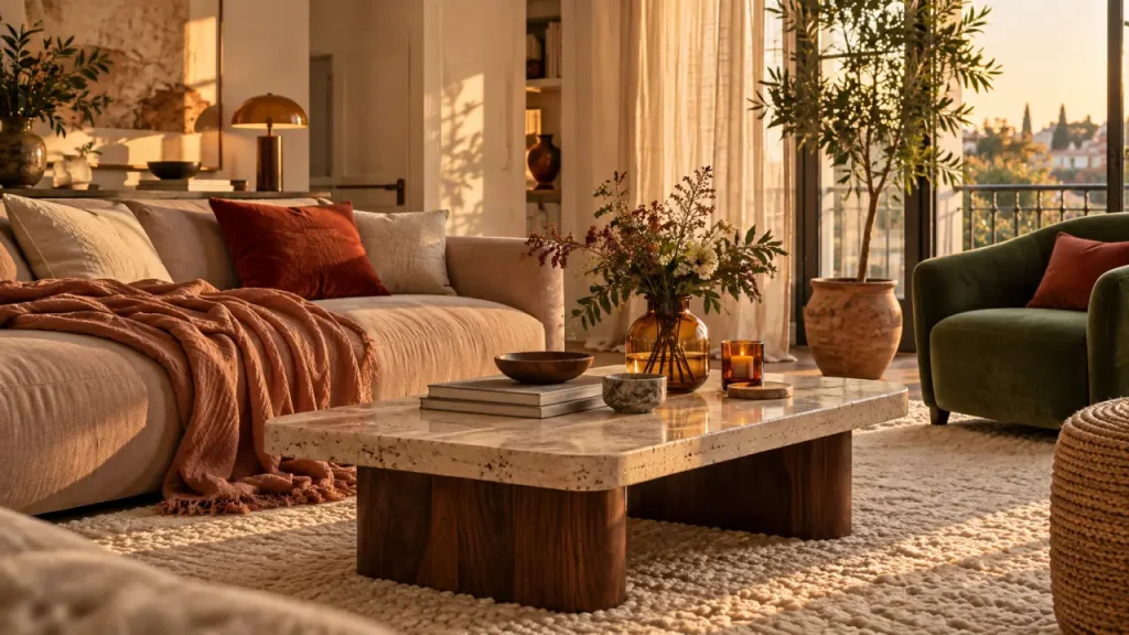 Tendance déco maison 2026 : salon beige rosé, tapis écru, plaid gaze de coton
