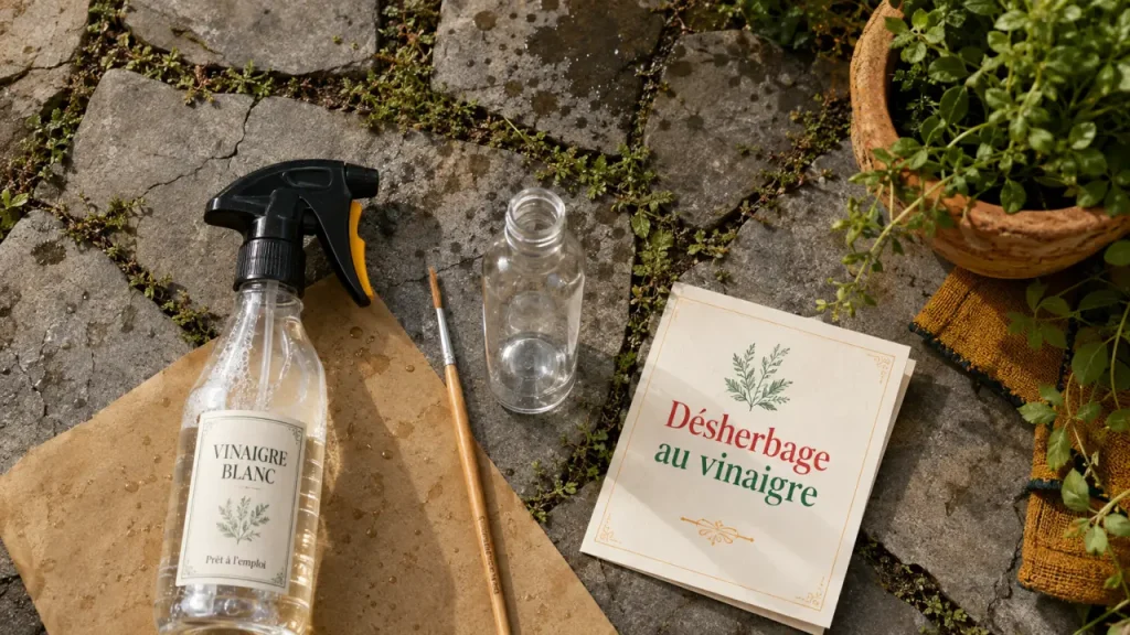 Vinaigre desherbant sur allée pavée, herbes dans les joints