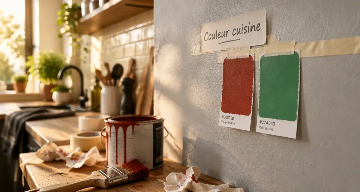 Couleur pour cuisine : gris perle et vert jardin, rouleaux de peinture rouge et vert