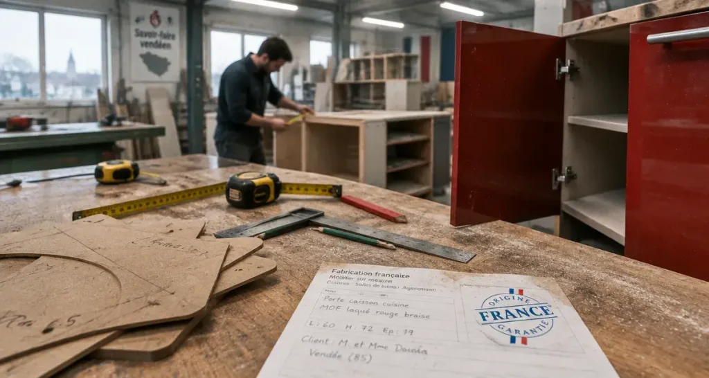 Cuisine design industrie en Vendée : atelier d’ameublement, porte de caisson et mesures