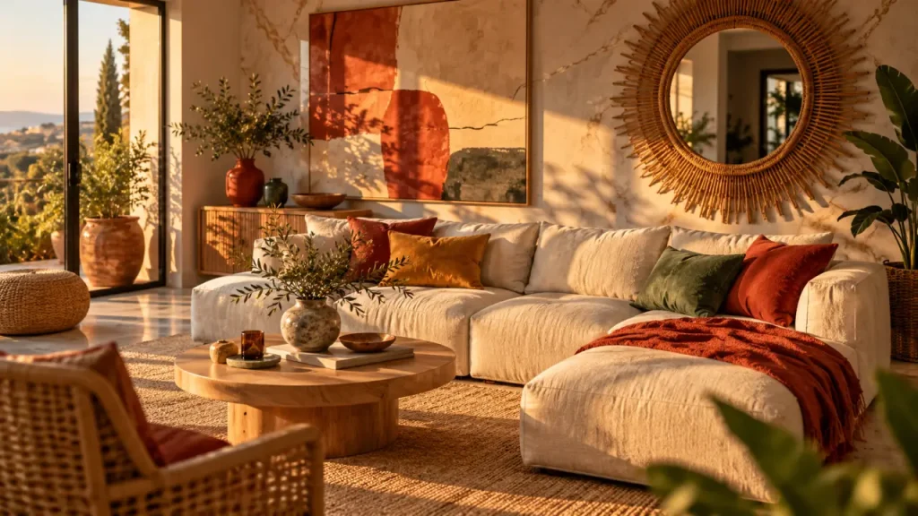 Decoration mural tendance : miroir rond rotin soleil et tableau terracotta sur mur.