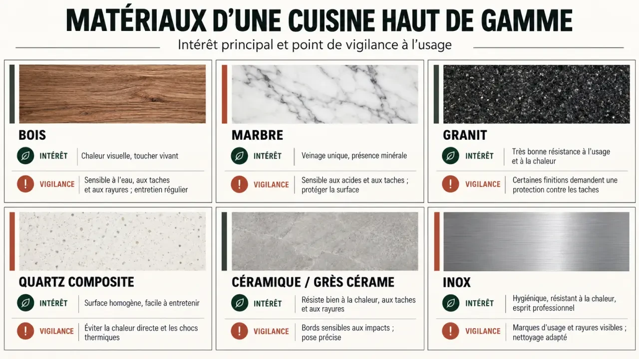 Infographie des matériaux pour une cuisine haute de gamme et de leurs contraintes d’entretien