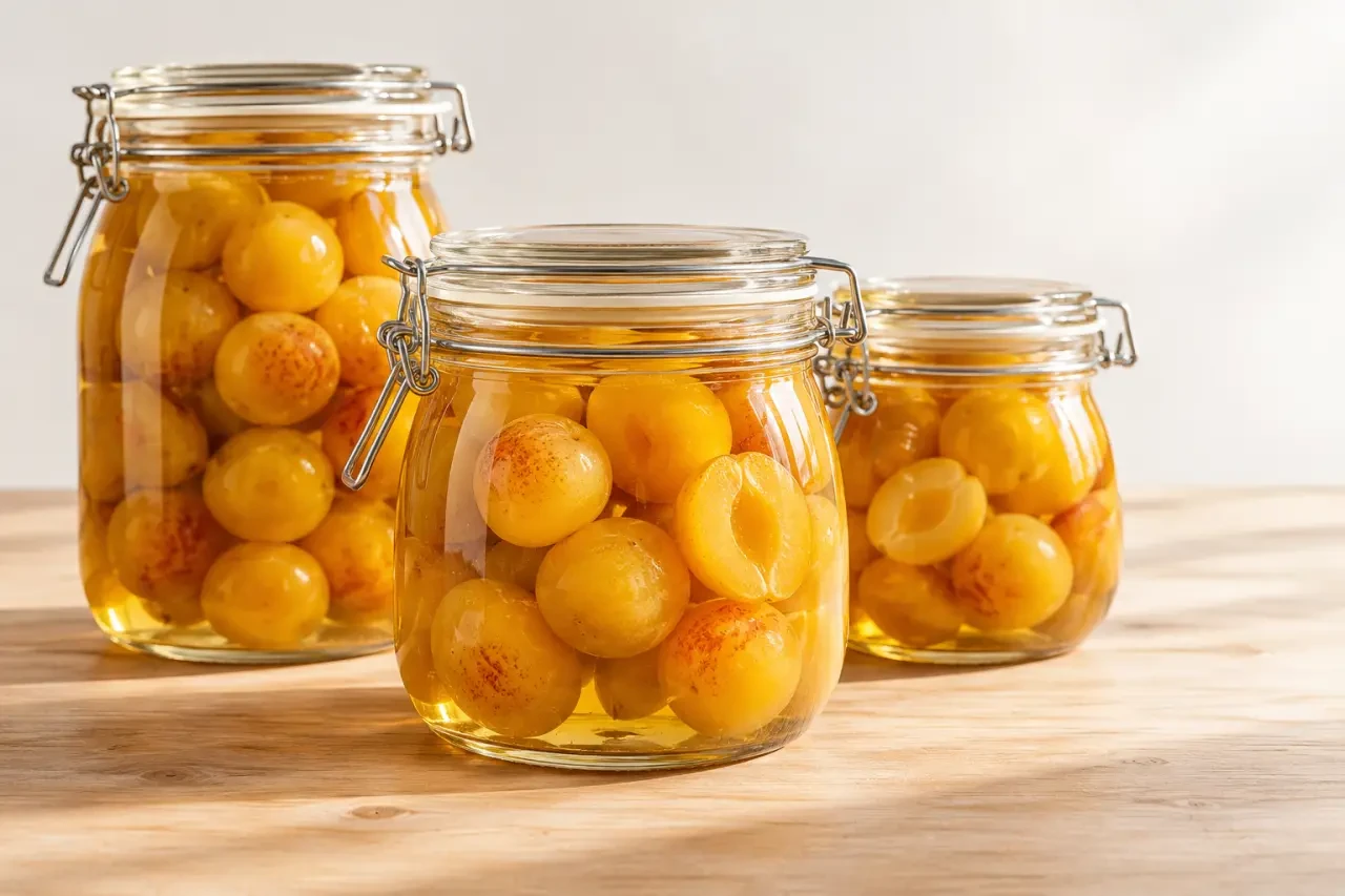 Mirabelles en bocaux au sirop léger, fruits dorés conservés dans des bocaux en verre