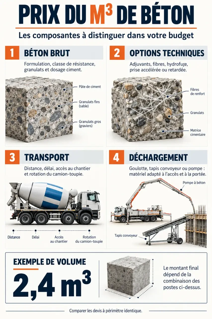 Infographie sur le prix du mètre cube de béton et la répartition des frais de livraison