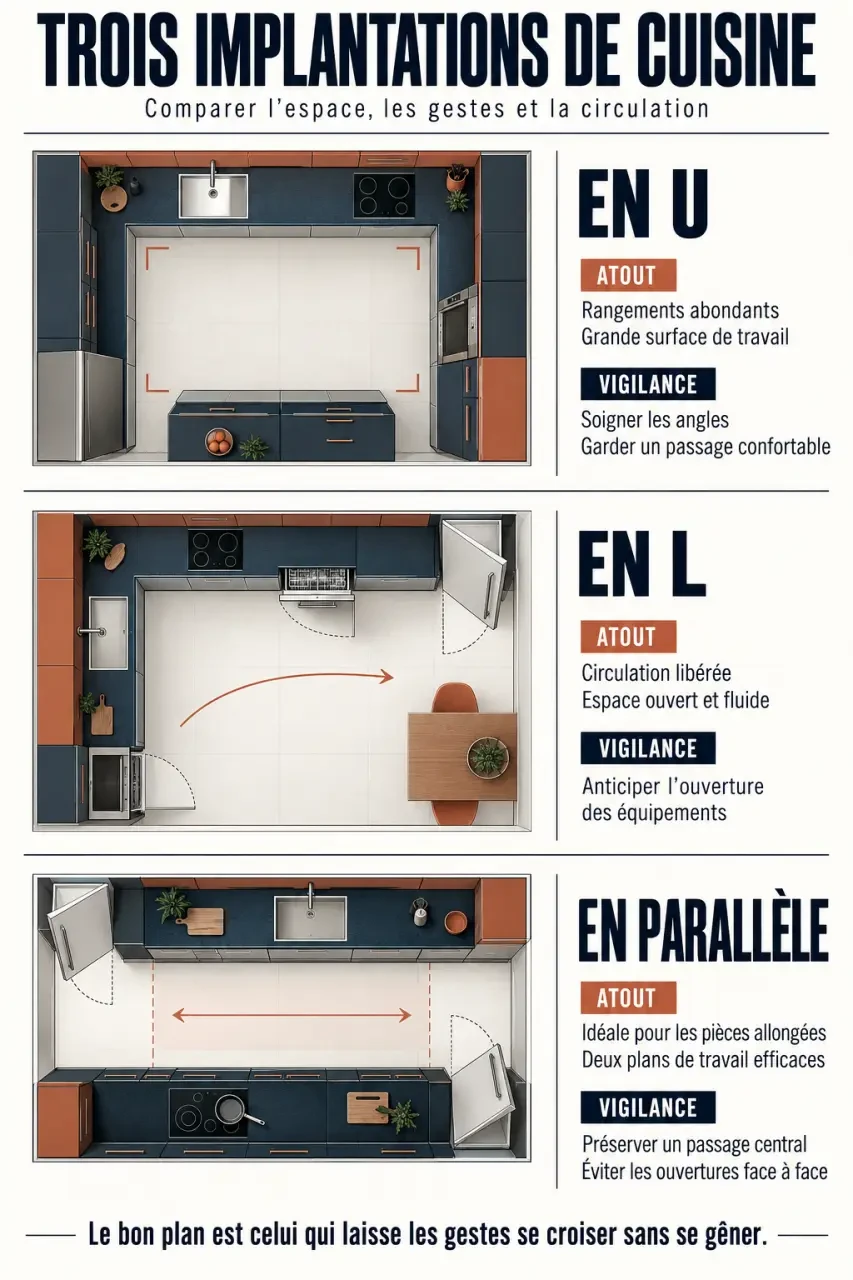 Aménager une cuisine en U : comparaison visuelle avec les implantations en L et en parallèle