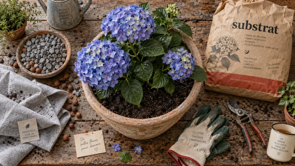 Hortensia en pot en terre cuite : substrat acide et drainage