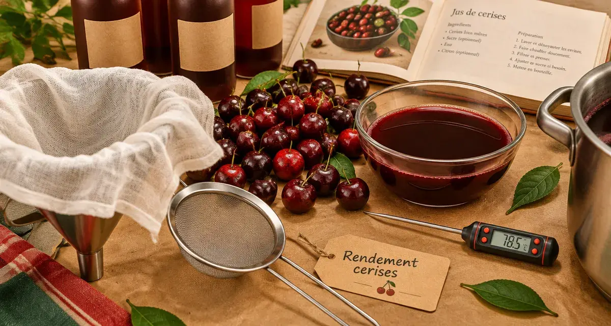 Jus de cerises : préparation du jus, cerises et passoire