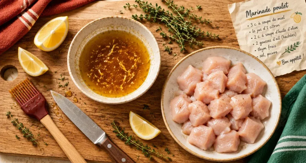 Marinades poulet : temps de repos, marinade miel-citron, poulet juteux