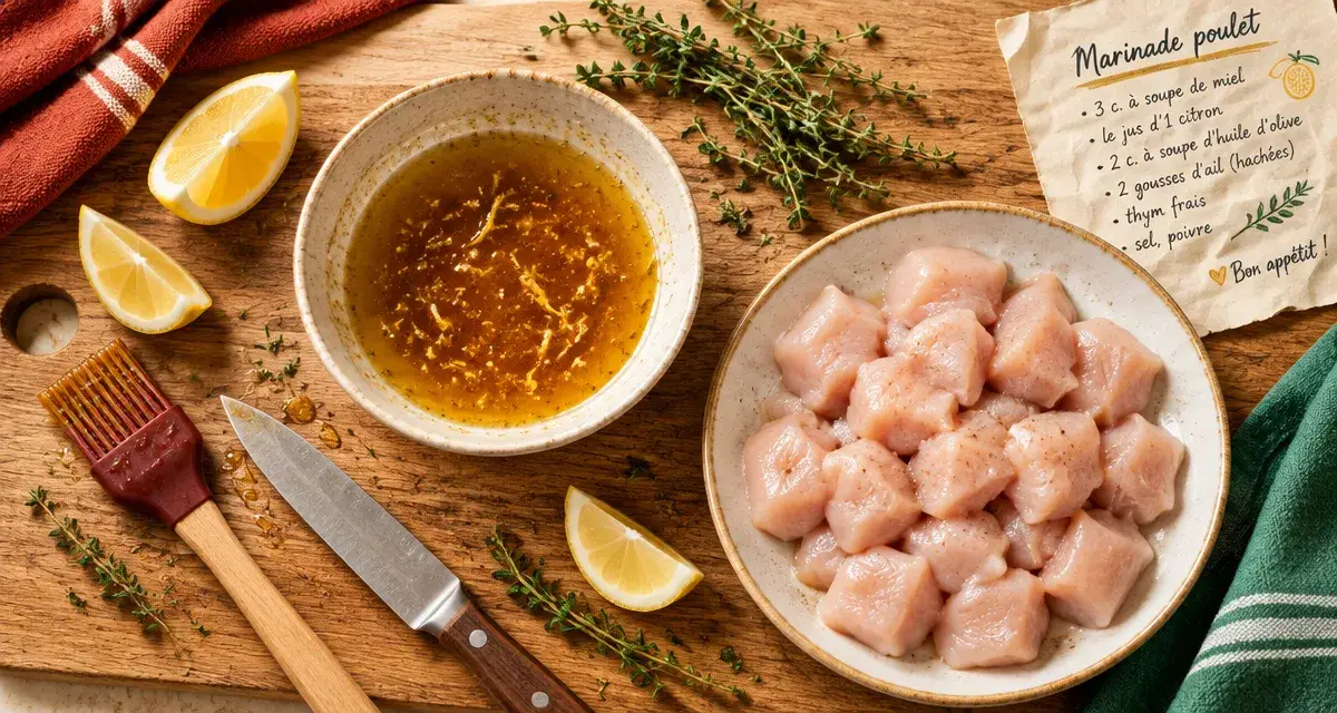 Marinades poulet : temps de repos, marinade miel-citron, poulet juteux
