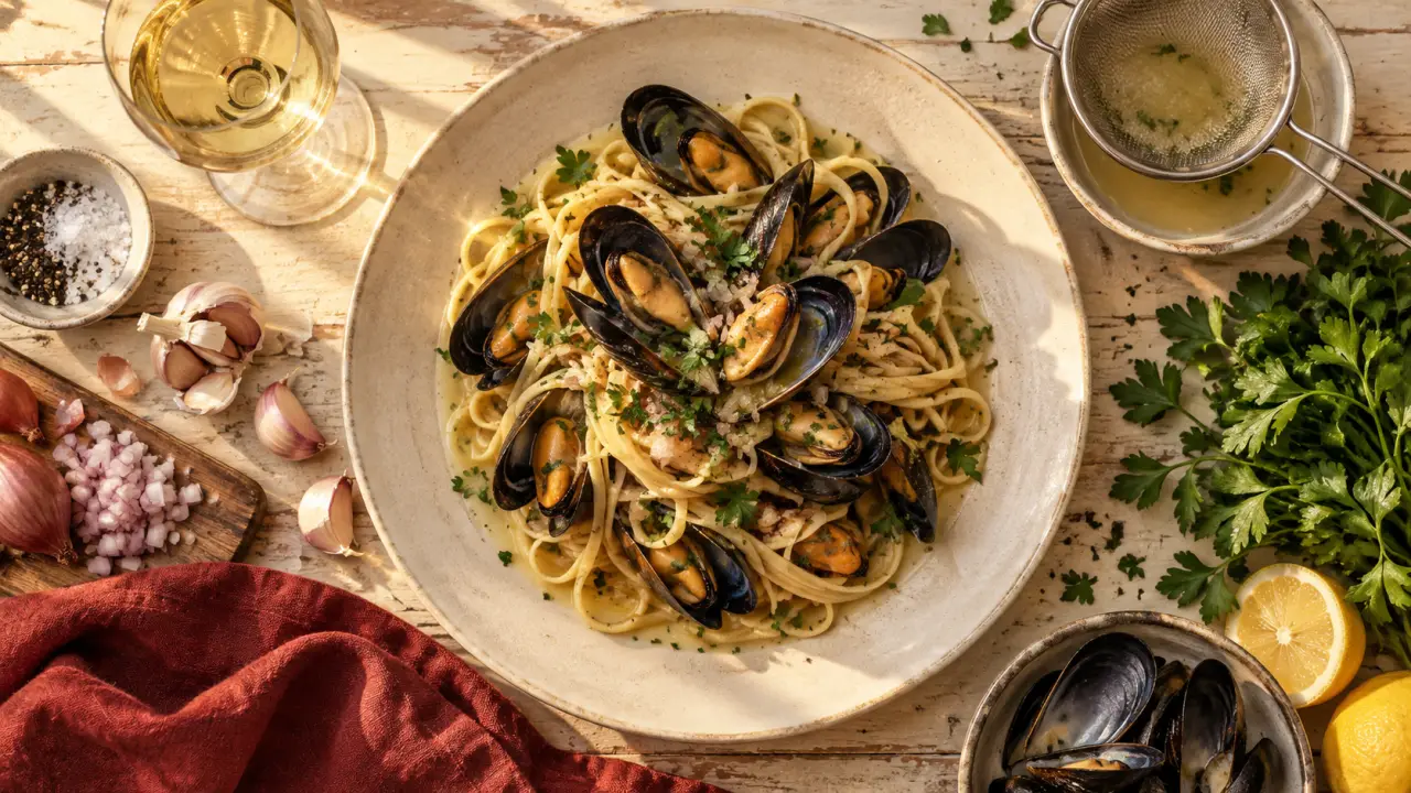 Pâtes moules linguine aux moules, sauce brillante