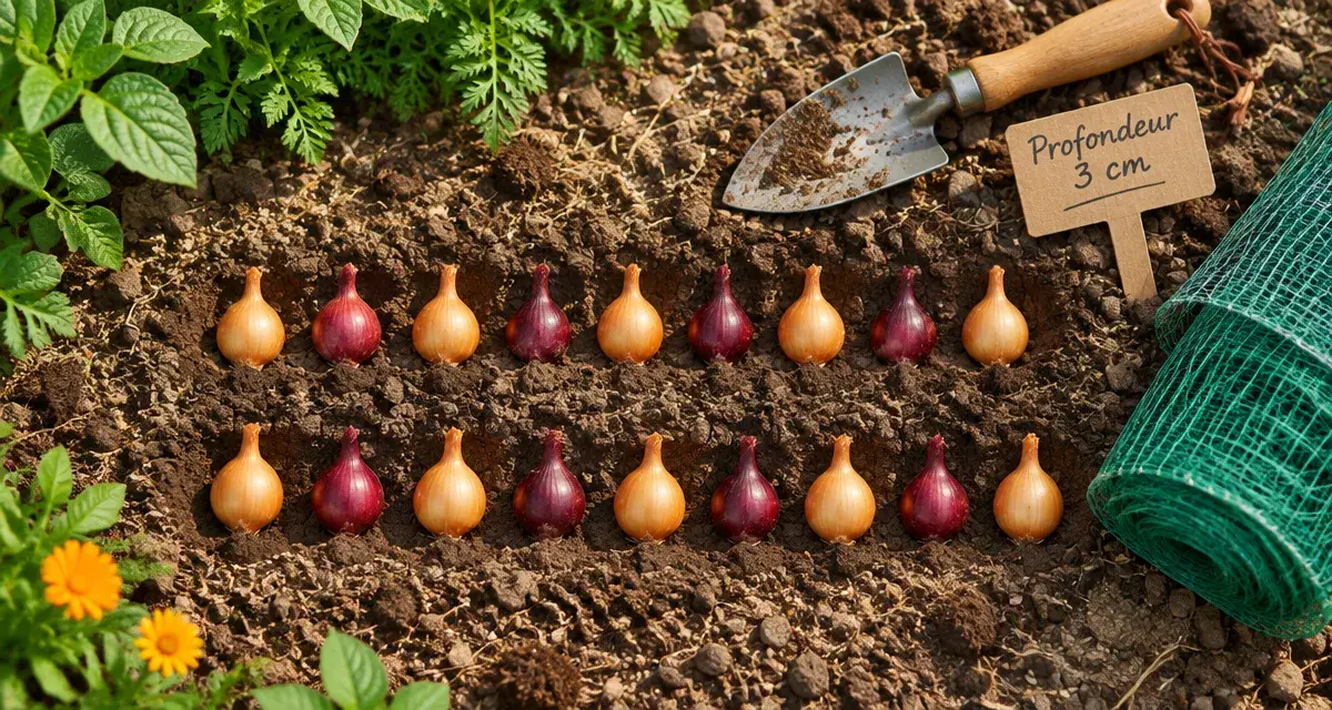 Plante oignon, profondeur 3 à 5 cm sur sol bien drainé