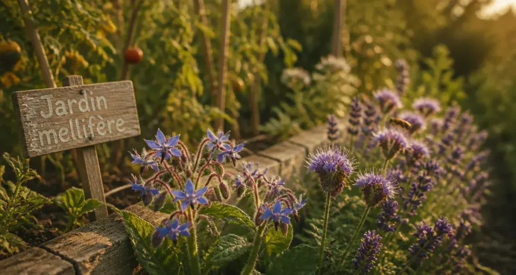 Plantes mellifere : bourrache en fleurs et abeille près de la ruche