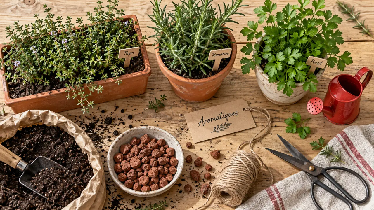 Potager aromatique : pots d’herbes, drainage et lumière