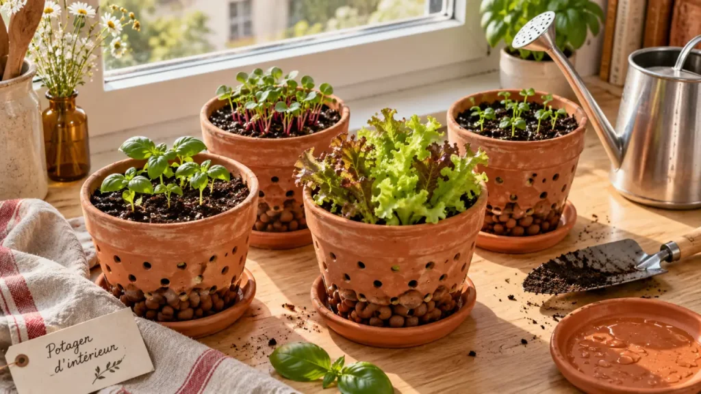 Potager en appartement : pots, terreau et plantes avant les premières pousses