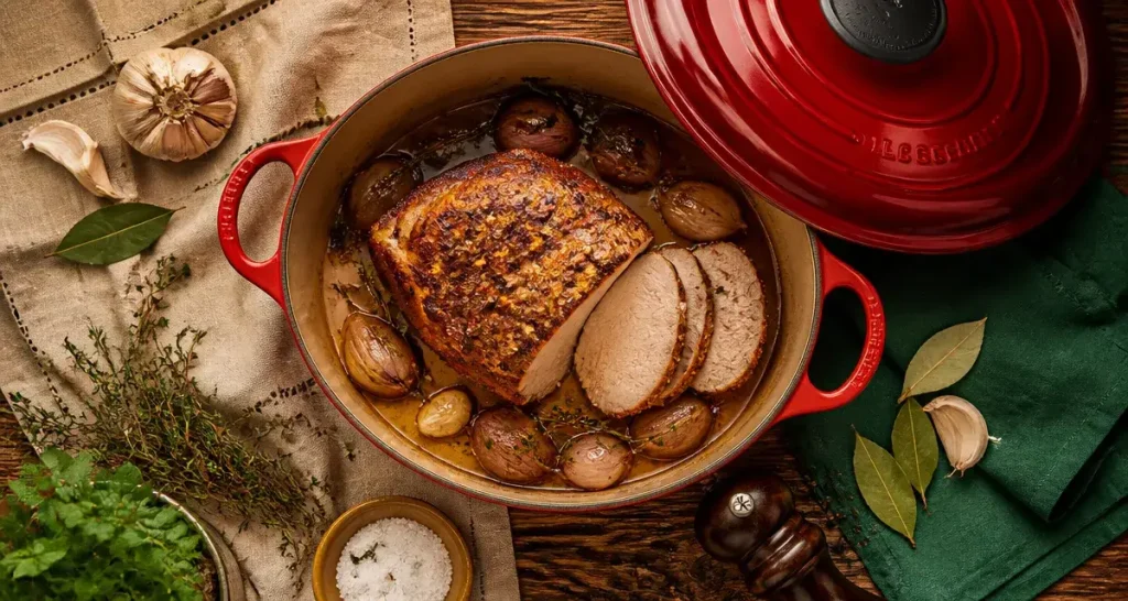 Recette de rôti de porc à la cocotte : rôti doré en cocotte, jus et échalotes