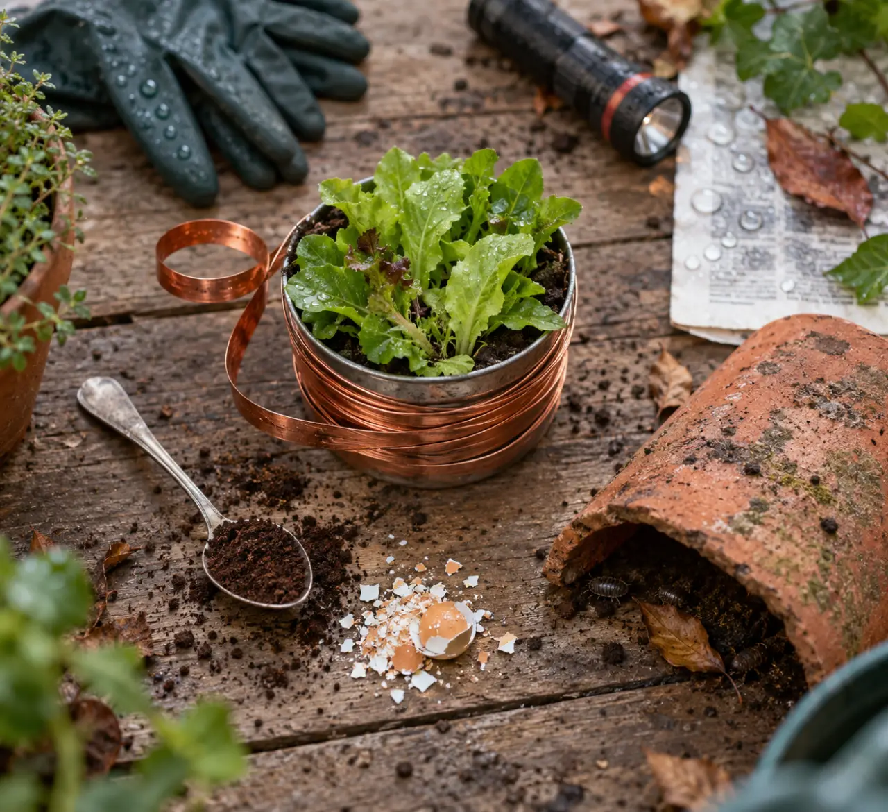 Répulsif naturel limace au cuivre, après la pluie, potager
