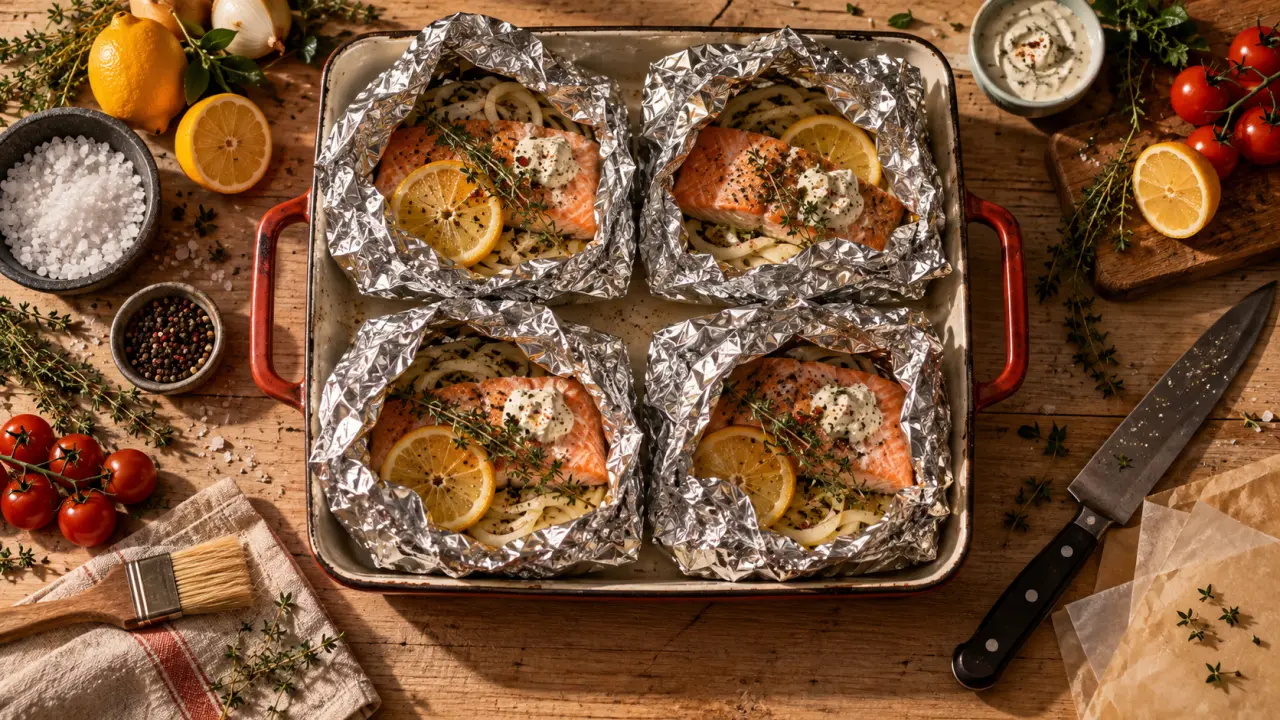 Saumon en papillote four aluminium, oignon thym citron et crème pâle